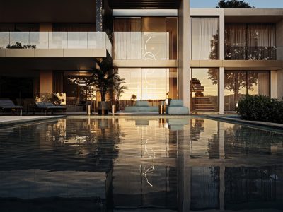 Render Esterno per ville con piscina simulare materiali, luci e paesaggi